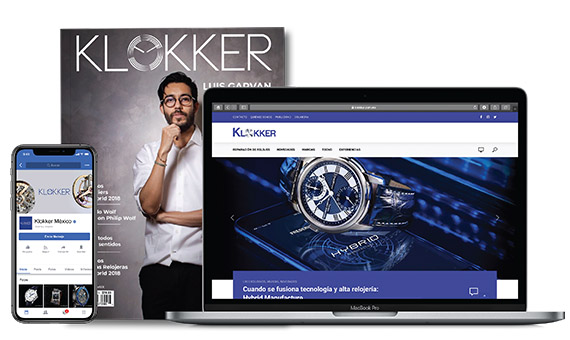 Laptop con la página web de klokker, celular con el facebook de klokker y revista impresa